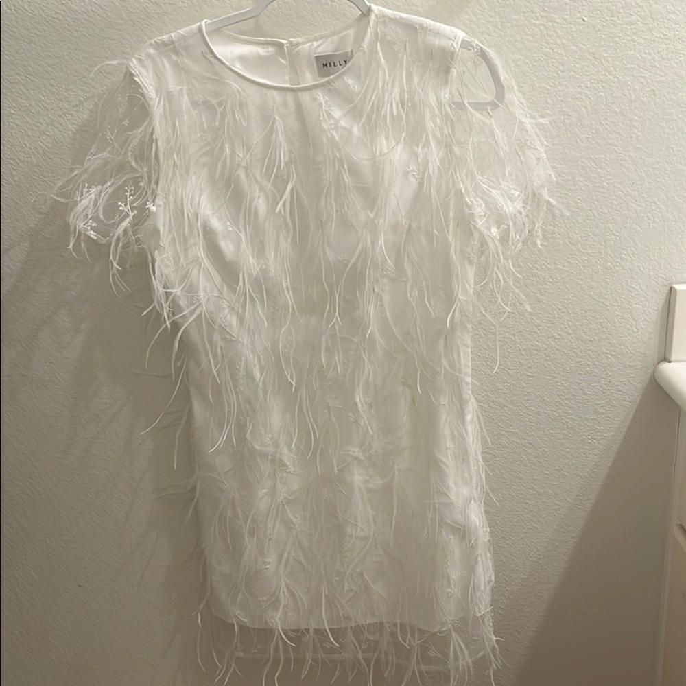 Milly White Feathered Dress